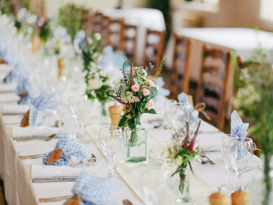 Long wedding table set outdoors